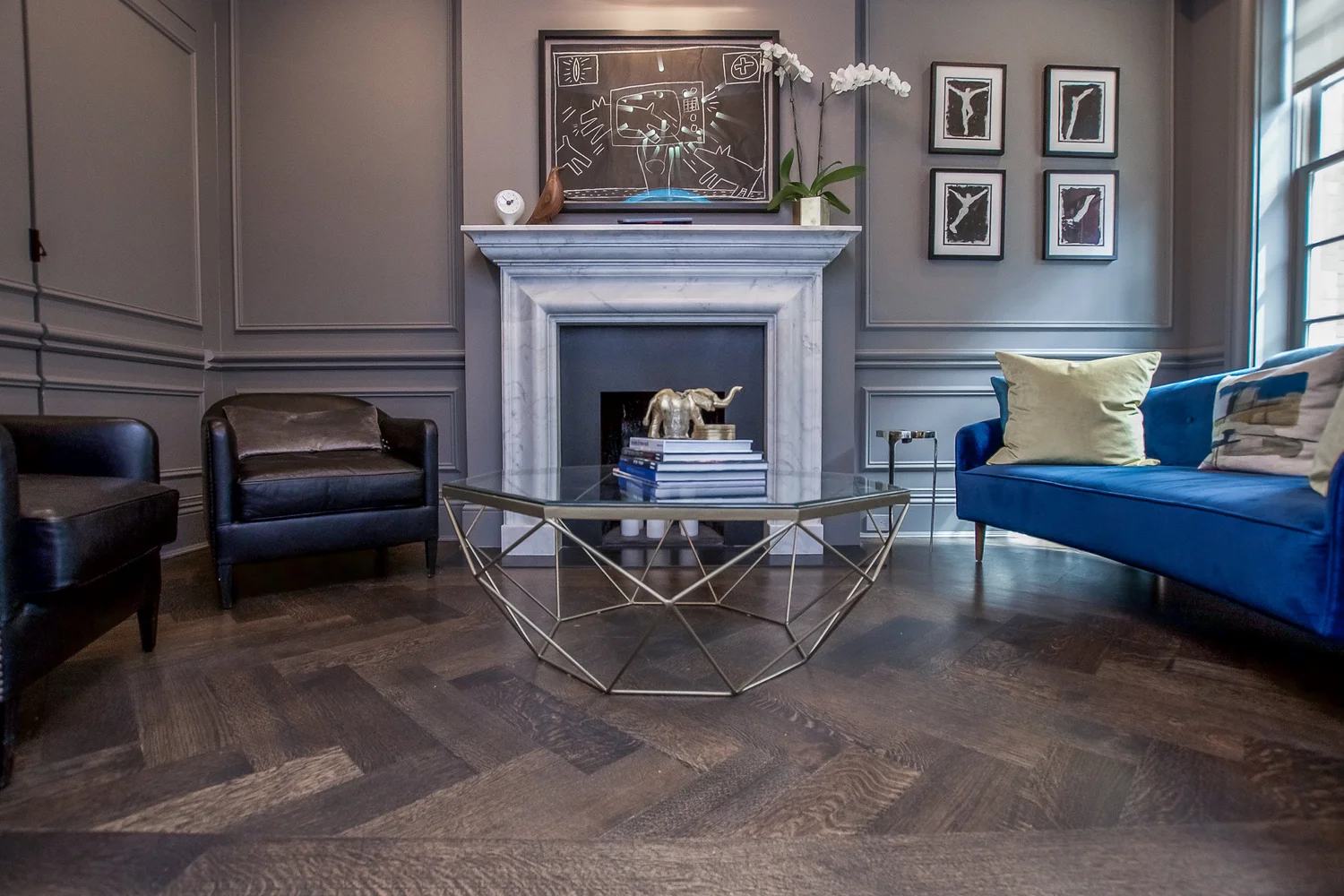 Sitting room with marble fireplace in a renovated Upper East Side townhouse